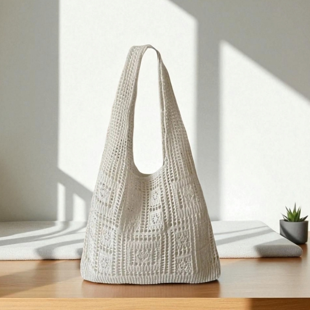 Knitted‎ Large Shoulder Tote Crochet Beach Bag Hobo Beige Aesthetic Handbag